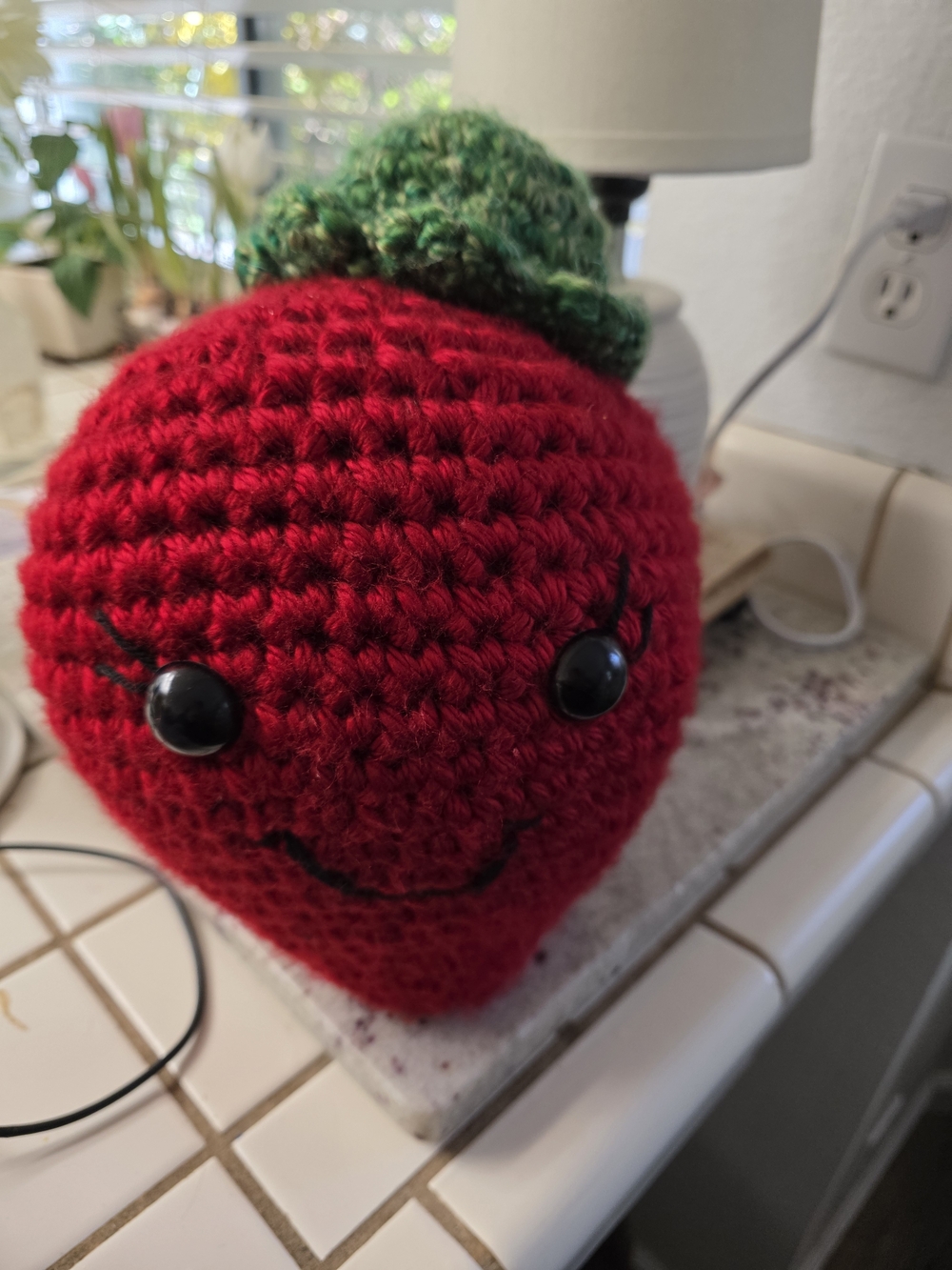 Handmade Red Crochet Strawberry Plush with Green Top
